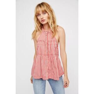 New FREE PEOPLE Take It Easy Gingham Halter Top $98  X-SMALL Red & White